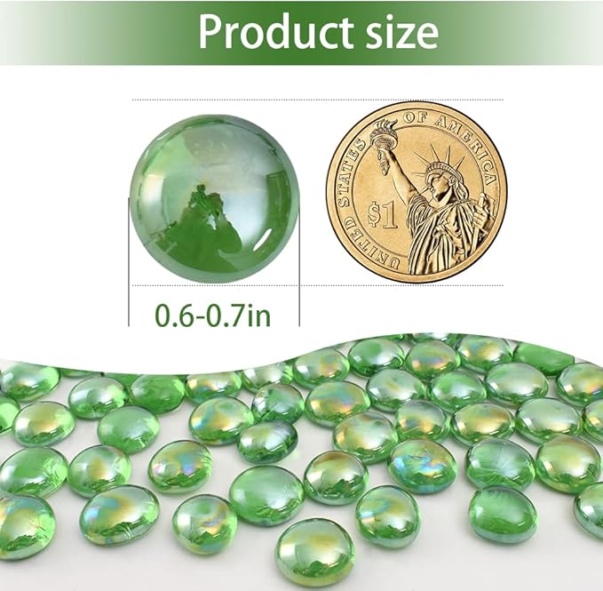 Flat Glass Marbles 1lb, 100PCS Green Flat Gems Glass Beads for Vase Filler Garden Aquarium Tank Pebbles Table Floral Decoration