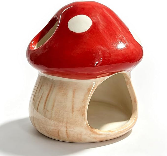 Betta Fish Tank Accessories, Ceramic Mushroom House Aquarium Decor - Cute Red Hideout Cave Ornament for Small Fish, Shrimp, Goldfish, Hamsters & Reptiles (Red)