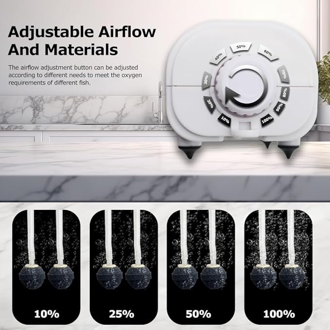 Mini Air Pump Aquarium Quietest for Fish Tank 5 to 75 Gallons, Adjustable Dual-Outlet Bubbler for Bait 3W 108GPH, with Air Stones, Airline Tubing, Check Valves, Suction Cup