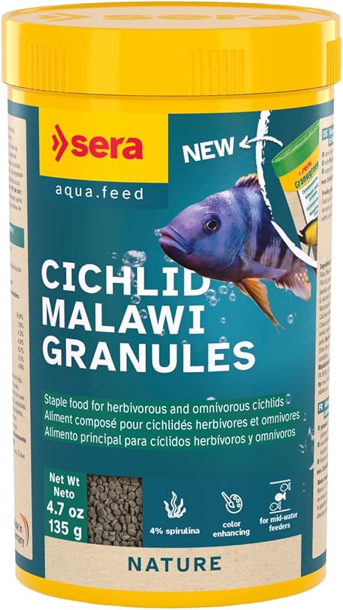 Sera Cichlid Malawi Granules 4.7 oz (135 g) | Natural Cichlid Fish Food for herbivorous and omnivorous Cichlids | Spirulina-Based Sinking Granules | Gentle Plant Nutrition Supporting Vitality