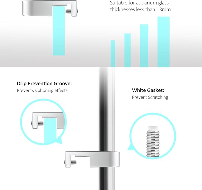 FZONE Mini Aquarium Fixing Clamp, Aluminum Alloy Holder for Rimless Aquariums Fasten Water Pipes with Anti-Overflow Card Slot for Fish Tank Inlet and Outlet Pipes 2pcs(S)
