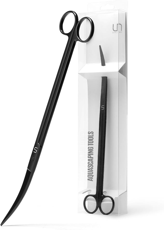 UNS Aquascaping Tools - Stainless Steel, Rust Resistant, Freshwater Planted Tank, Saltwater Reef Aquarium Maintenance Accessory - Trimming Stems & Carpets, Coral Cutting - Curved Scissors, Black