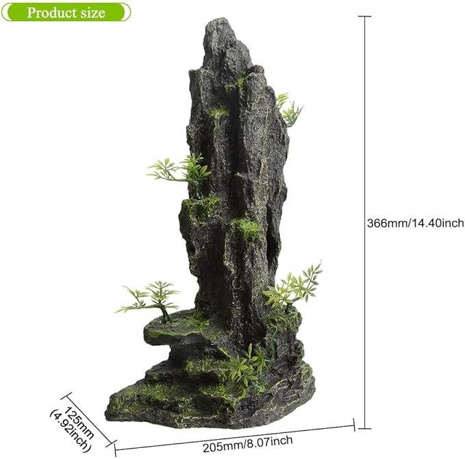 Tall Aquarium Decor 14.4inch, Cool Large Fish Tank Decorations Accessories, Resin Mountain View Aquarium Ornament with Tree Hideout Cave, for Betta Goldfish Shrimp Guppy Cichlid Play Rest
