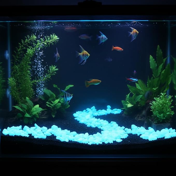 Shiny Stone Glow in The Dark Aquarium Neon Gravel Sand, Decorative Rocks for Fish Tank and Fairy Garden, Home Dec,305g/0.67lbs (8-15mm, Sky Blue)