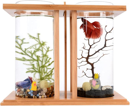 Acrylic Mini Fish Tank,Creative Wood Desktop Mini Aquarium Tank Bowl with LED Light for Goldfish Betta Small Fish Aquarium Small Fish Tank Office Business Home Decor