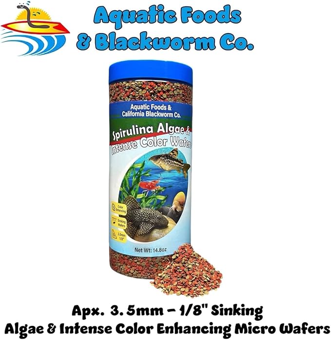 3.5mm - 1/8" Sinking Wafers of Spirulina, Algae & Color Enhancing Wafers for Bottom Fish, Shrimp, Snails, Tropicals. 4-Type Wafer & 12-Type Pellets Included...1-lb 6oz Canister