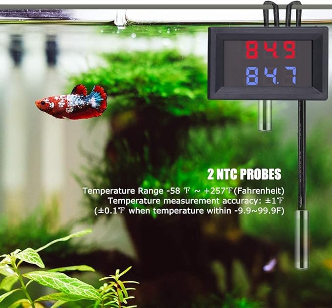 IS Icstation Digital Thermometer, Car Auto Temperature Gauge Sensor, DC 4-28V Fahrenheit Dual Display, Monitor with 2 NTC Waterproof Probes for Aquarium Vehicle Fish Tank