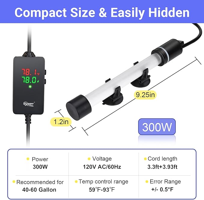 hygger ECO Precise Aquarium Submersible Heater, 300W for 40-60 Gallon Fish Tank Heater with Digital Display Adjustable Controller for Saltwater Freshwater