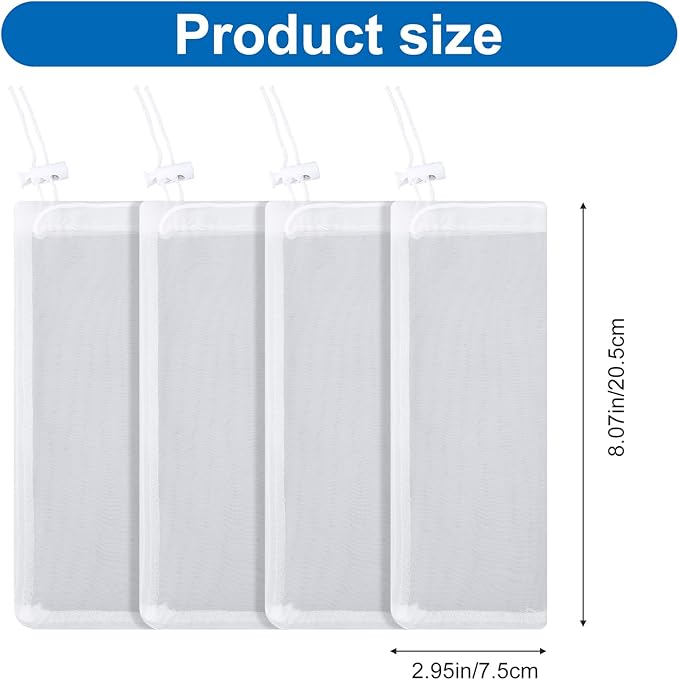4 Pcs Aquarium Filter Media Bags with Drawstring, 150 μm Extra Fine Drawstring Filter Bags Nylon Media Bags for Fish Tank Aquarium, 8" x 3" (White)