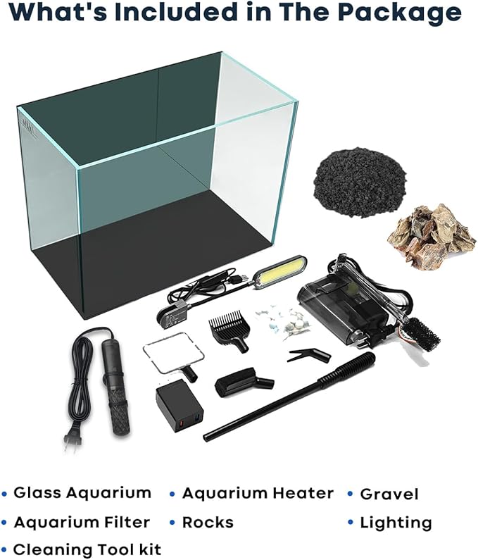 Wonderfactory 5 Gallon Small Aquarium Set Glass Fish Tank 6 Gallon, Starter Kit with Heater Water Pump Cleaning System Filter Bright Light Rocks Gravel Cleaning Tool, Clear Rimless Betta Plants