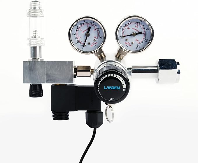 LANDEN AverVita Adv CO2 Regulator, Big Dual Gauges Display, 12V DC Solenoid with Bubble Counter and Check Valve, Safety Assurance, Fits CGA320 CO2 Cylinder Includes CO2 Indicator Solution Kit