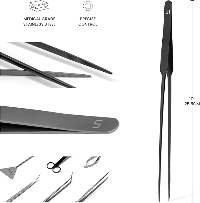UNS Aquascaping Tools - Stainless Steel, Rust Resistant, Freshwater Planted Tank, Saltwater Reef Aquarium Maintenance Accessory - Planting, Coral Setting - Straight Pinsettes, Black