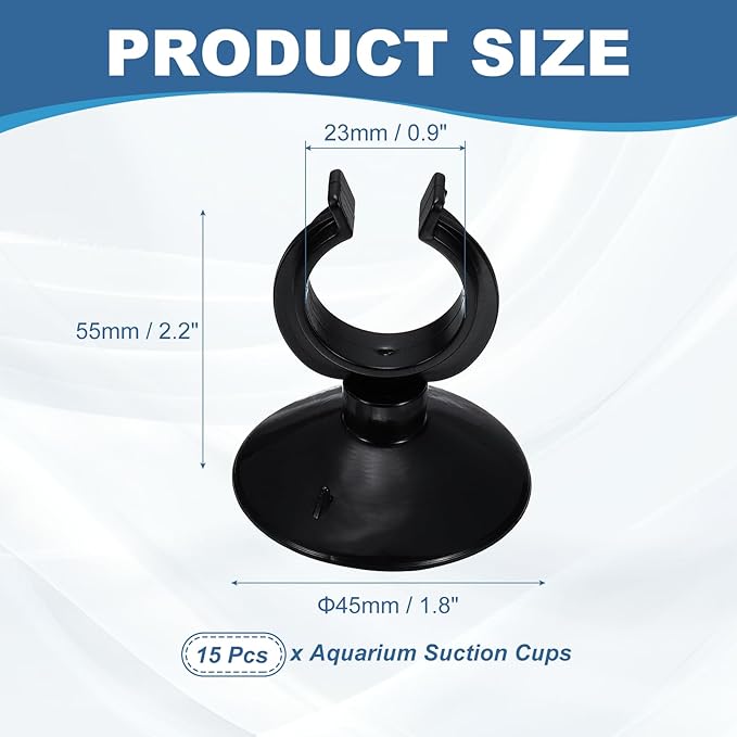 Aquarium Suction Cups, Fish Tank Suction Cups Clips Airline Tube Holders Clamps (Plastic, 15Pcs, Black) for 0.9" Fish Tank Airline Tubing Binding Moss Shrimp Nest, 23x45MM