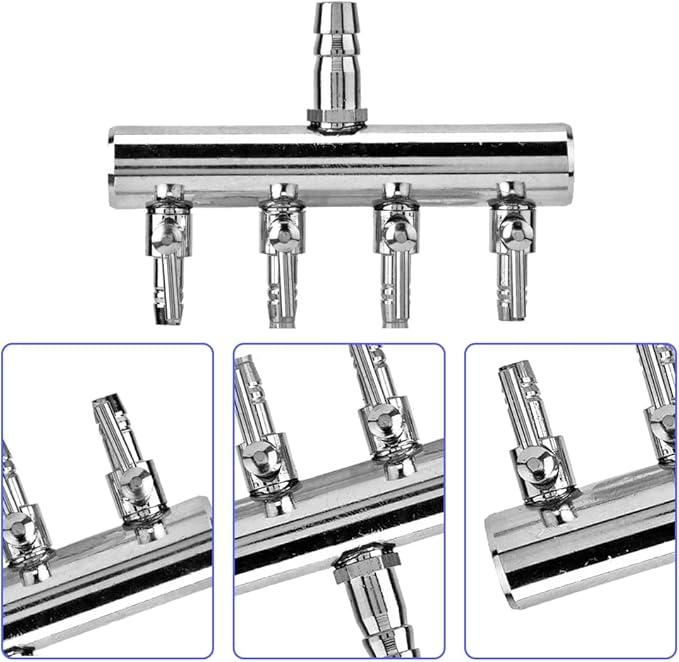 Joyzan Air Splitter Flow Control Valve, Aquarium Flow Gang Lever Pump Distributor 4 Way Stainless Steel Fish Tank Manifolds Multi Port T Shaped Line Metal Regulator Connector Airline Tubing Hose