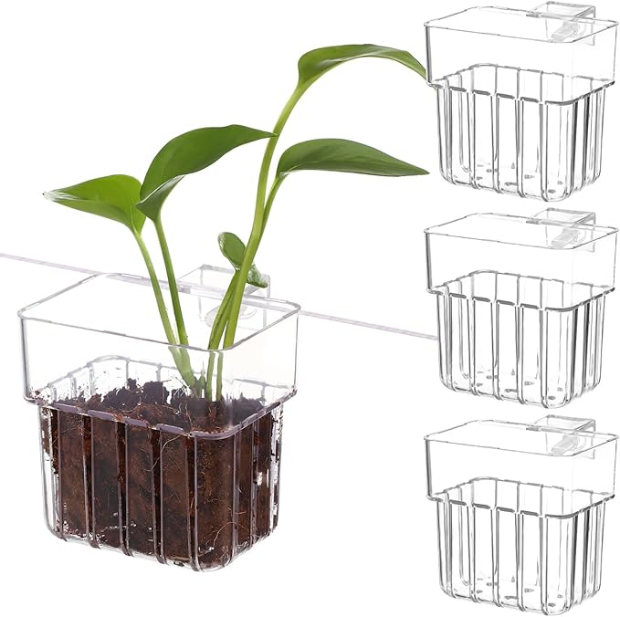 Kisangel 4Pcs Transparent Aquarium Plant Cups with Hooks 3.14X3.14X2.24In Fish Tank Plant Holders for Easy Installation and Healthy Root Growth in Aquatic Care