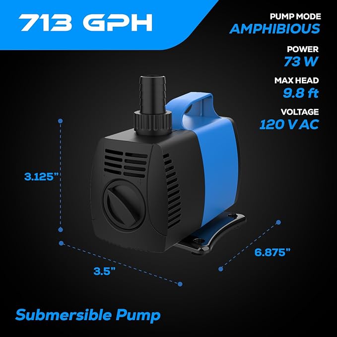 713 GPH Amphibious Submersible and Inline Water Pump - For Aquarium, Pond, Hydroponics, Fountain with Ceramic Shaft, 8.5 ft Lift, 45W - 2 Pack