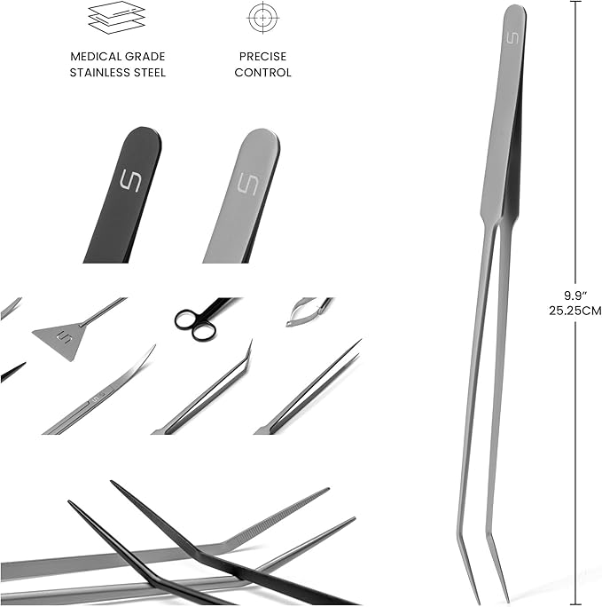 Ultum Nature Systems UNS Aquascaping Tools - Stainless Steel, Rust Resistant, Freshwater Planted Tank, Saltwater Reef Aquarium Maintenance Accessory - Planting, Coral Setting - Curved Pinsettes, Grey