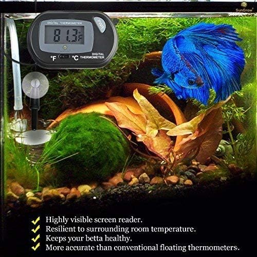 SunGrow Digital Betta Thermometer for Tropical Aquarium Fish, Black Color, Suction Cups and 1 Battery Included, 1 pc per Pack