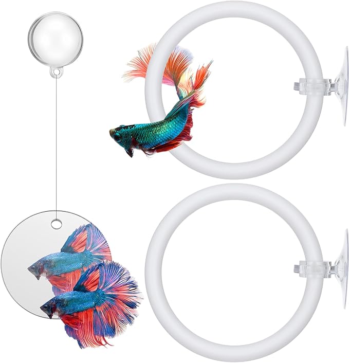 Xthrotsenk 2 Pcs Betta Enrichment Toys Beta Fish Toys for Tank Beta Exercise Ring Floating Mirror Set Fish Feeding Ring Bettas Tank Accessories for Aquarium