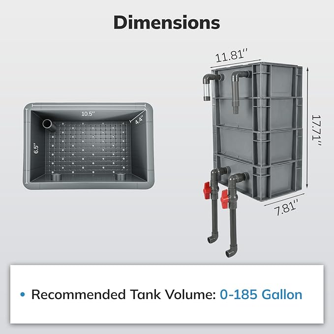 4-Stage High Capacity Aquarium Filter System for Tanks up to 185 Gallons, Professional Multi-Layer Biological & Mechanical Trickle Filter Box for Turtles, Goldfish, and Ponds