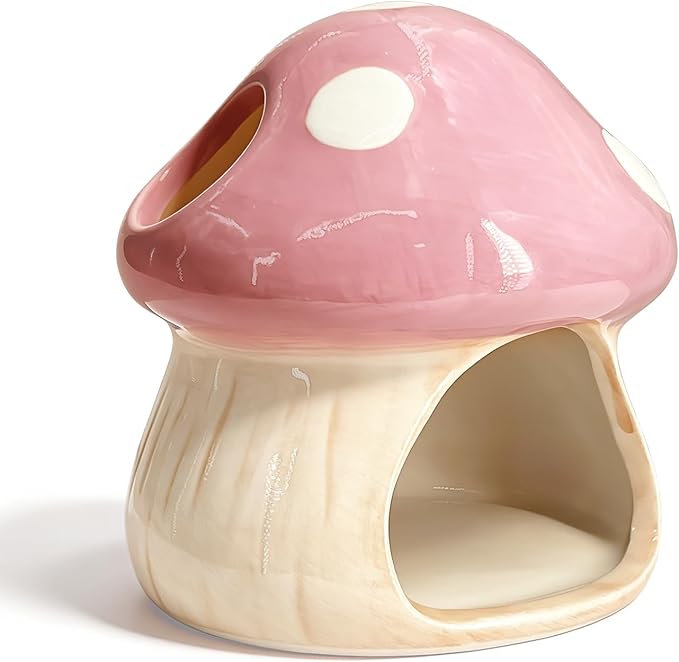 Betta Fish Tank Accessories, Ceramic Mushroom House Aquarium Decor - Cute Pink Hideout Cave Ornament for Small Fish, Shrimp, Goldfish, Hamsters & Reptiles (Pink)