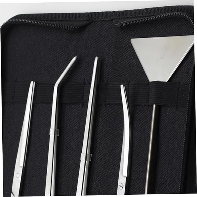 Kisangel 5pcs Aquarium Aquascaping Tool Stainless Steel Scissors Tweezers and Sand Scraper for Freshwater and Plant Maintenance Canvas Bag