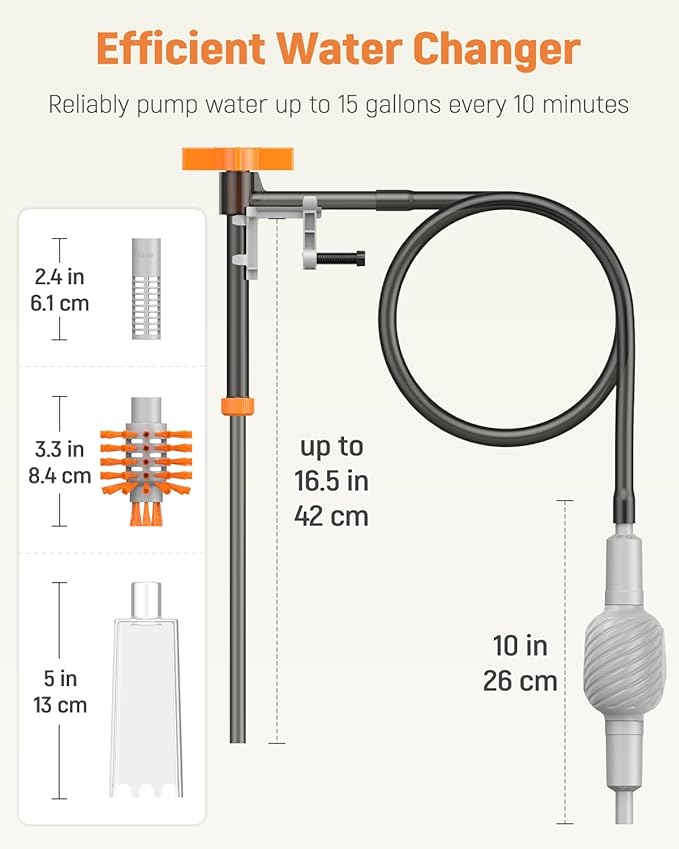 Pawfly 3-in-1 Aquarium Water Changer, Gravel Cleaner & Tank Brush – Fish Tank Cleaner with Adjustable Flow, Extendable 11–16in Tubing & 3.75ft Hose for Sand Washing, Water Changing and Maintenance