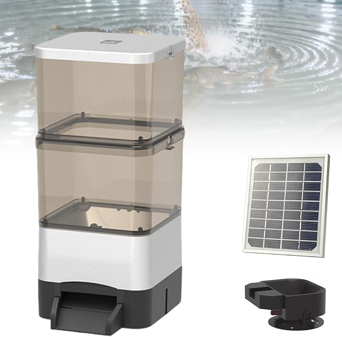 Pond Fish Feeder, 4L/10L/20L Solar Powered Automatic Fish Feeder, Large Capacity,with Feed Thrower,Supports Remote Control via Mobile-app, for Outdoor Fish Ponds Silver-20L