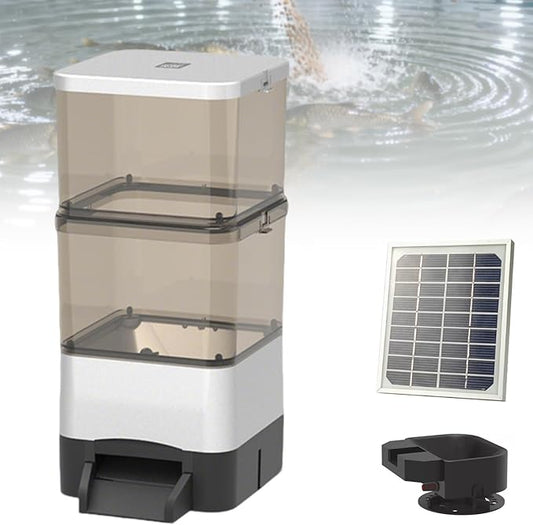 Pond Fish Feeder, 4L/10L/20L Solar Powered Automatic Fish Feeder, Large Capacity,with Feed Thrower,Supports Remote Control via Mobile-app, for Outdoor Fish Ponds Silver-20L