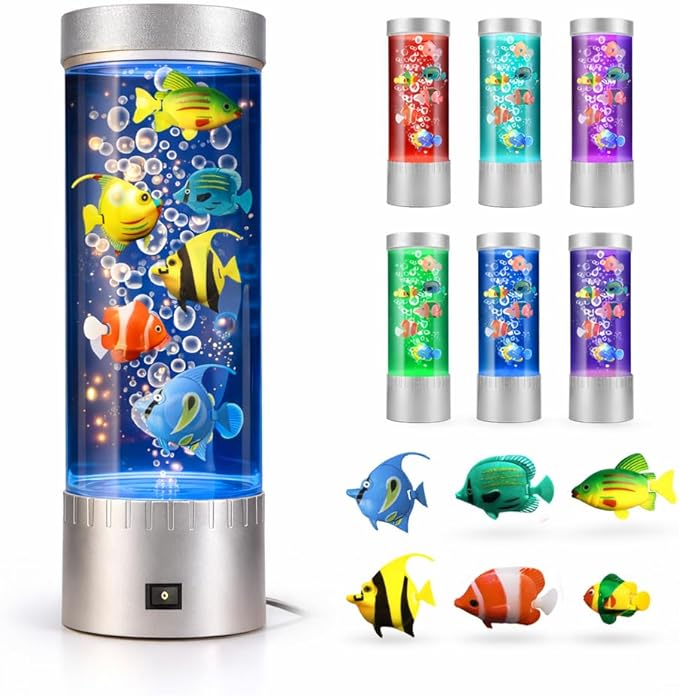 Bubble Fish Lamp with 6 Floating Fake Fish – LED Aquarium Night Light with Bubbles – Cylindrical Transparent Tank, Perfect for Rooms, Offices, and Living Spaces