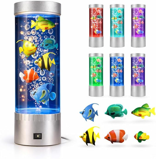Bubble Fish Lamp with 6 Floating Fake Fish – LED Aquarium Night Light with Bubbles – Cylindrical Transparent Tank, Perfect for Rooms, Offices, and Living Spaces