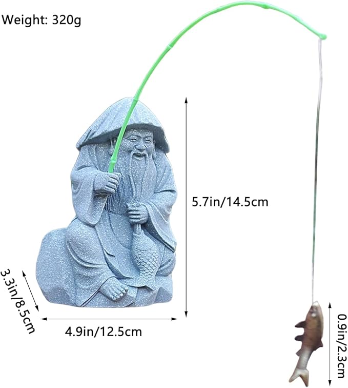 livelyfish Aquarium Fisherman Statue Japanese Old Man Figurine Sandstone Sitting Fishing Figurines for Fish Tank Garden Home Decor (E2)