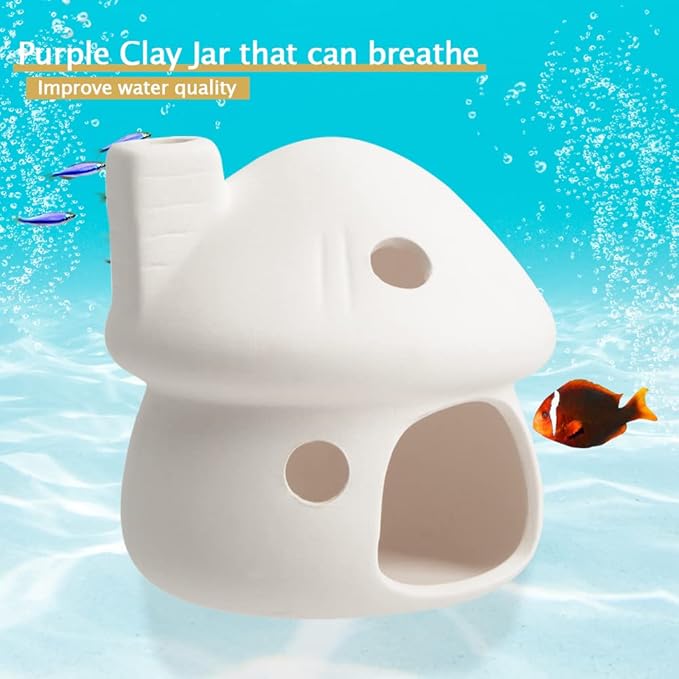 Aquarium Decor Ceramic Mushroom House Ornament Fish Tank Landscape Decoration Pottery Hide Cave Habitat Hut Small Shrimp for Goldfishes to Rest Breed Hiding (White)