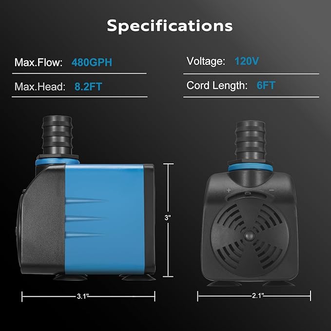 TONGCHANT Submersible Pump, 480GPH & 8.2ft Lift | 35W Adjustable Flow Fountain Pump for Small Pond Fish Tank & Aquarium, 3 Nozzles(1/2", 5/8" & 3/4"), Fish Safe & Ultra Quiet Operation, ETL Listed
