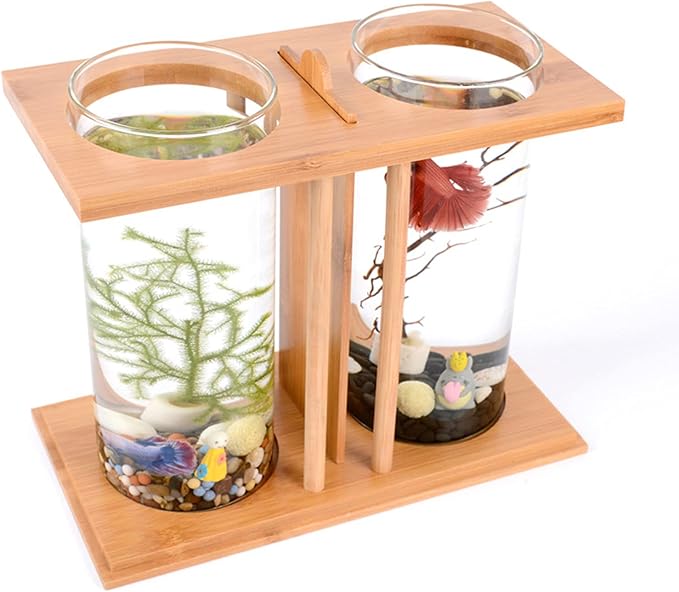 Acrylic Mini Fish Tank,Creative Wood Desktop Mini Aquarium Tank Bowl with LED Light for Goldfish Betta Small Fish Aquarium Small Fish Tank Office Business Home Decor