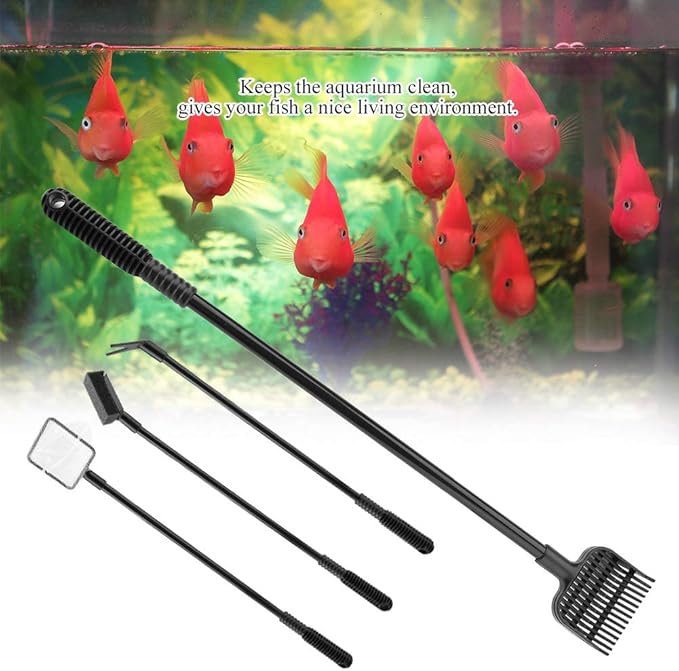 Cocoarm Fish Cleaning Tools 4 in 1 Aquarium Clean Set Aquarium Scraper Cleaner Brush Fish Net Gravel Rake Scraper Fork