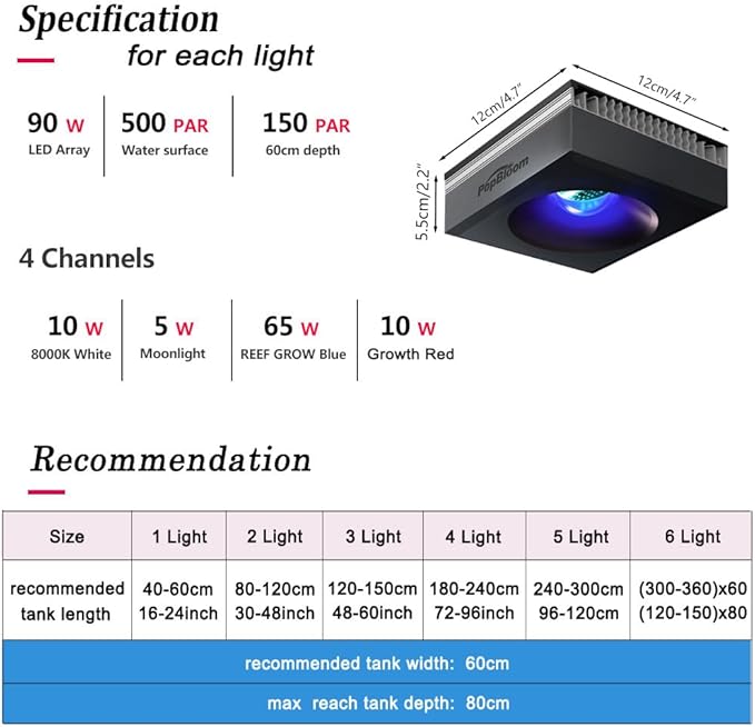 PopBloom RL90 Full Spectrum Reef Light WiFi Marine Reef LED Aquarium Light Saltwater Aquarium Fish Tank Lamp (100W WiFi Black)