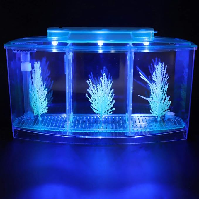 LIZEALUCKY Betta Fish Tank, Adjustable LED Light Acrylic Small Aquarium, Fish Tank Starter Kit with Isolation Plates and Water Change Valve, Blue