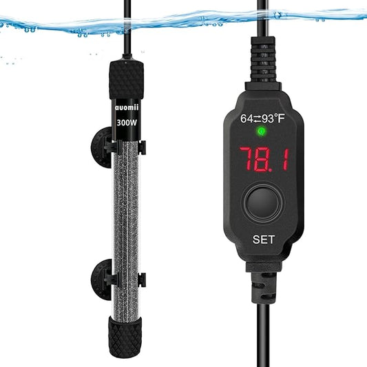 Small Submersible Aquarium Heater,Adjustable Mini Fish Tank Heater 25/50/100/150/200/300 Watts with External Temperature Controller, LED Display, Smart Memory, Used for 1-60 Gallons