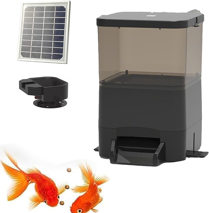 Automatic Fish Feeder with 4l/10l Large Capacity,Moisture-Proof Outdoor Koi Fish Feeder,Battery & Ac & Solar Panel Powered,LCD Display and Timed Rationing for Outdoor Ponds(Black,10L)