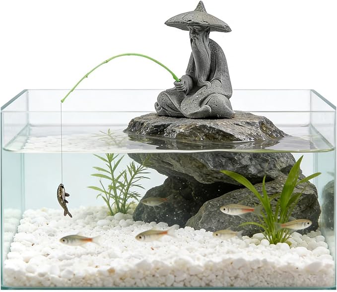 livelyfish Mini Fisherman Statue Asian Zen Decoration Sitting Fishing Figurines Sandstone Vintage Ornament for Aquarium Fish Tank Pot Garden Home Japanese Decor (D2)