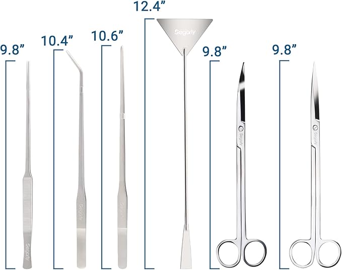 Segarty Aquarium Aquascaping Tools, 6 in 1 Stainless Steel Silver Aquascaping Tools Kit for Aquatic Plant Fish Tank, Long Scrapers Spatula Feeding Tweezers Curved Straight Scissors Aquarium Tools