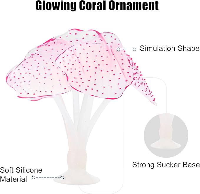 VOCOSTE Soft Silicone Glowing Aquarium Simulation Coral with Sucker, Fluorescence Aquatic Artificial Coral for Fish Tank Decoration, Pink