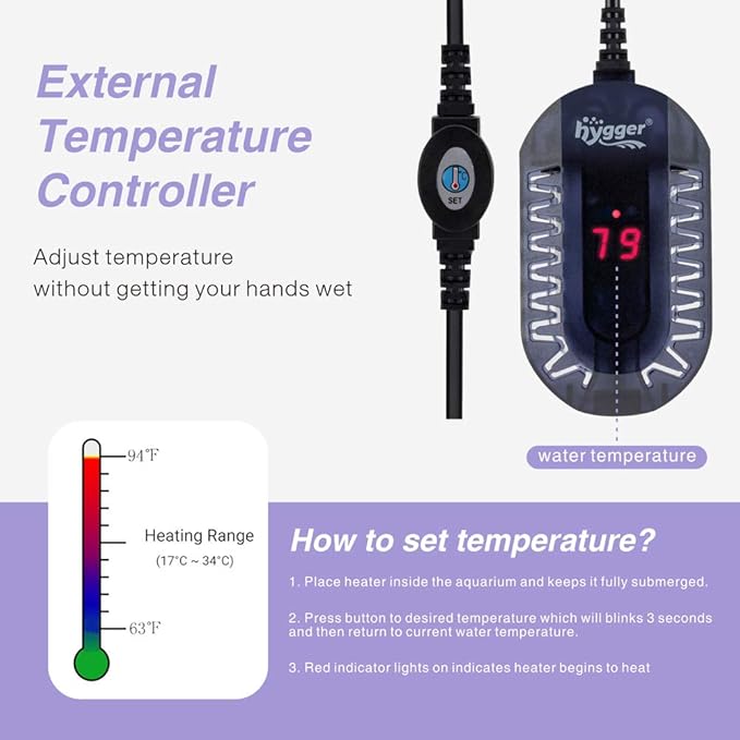 hygger 50W Aquarium Heater LED Digital Display Small Fish Tank Heater for 5/5.5 Gallon Turtle Betta Tank with Protective Guard Adjustable Temperature