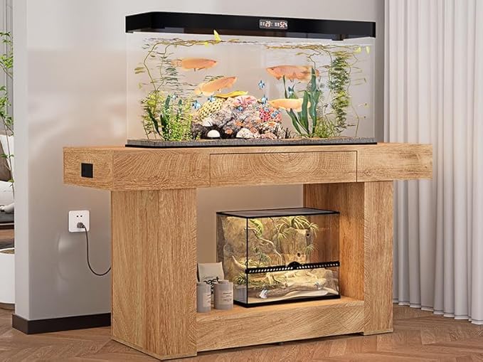 55–75/90 Gallon Aquarium Stand, 48 Inch Fish Tank Stand with Power Outlets & USB Ports, Heavy Duty Double Aquarium Stand for Turtle Reptile Terrarium, Farmhouse Tank Stand, Natural Wood