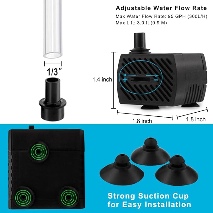 PULACO 95GPH 5W Mini Submersible Water Pump with 3.3 ft Tubing for Aquarium Fish Tank, Pond, Fountain, Hydroponics