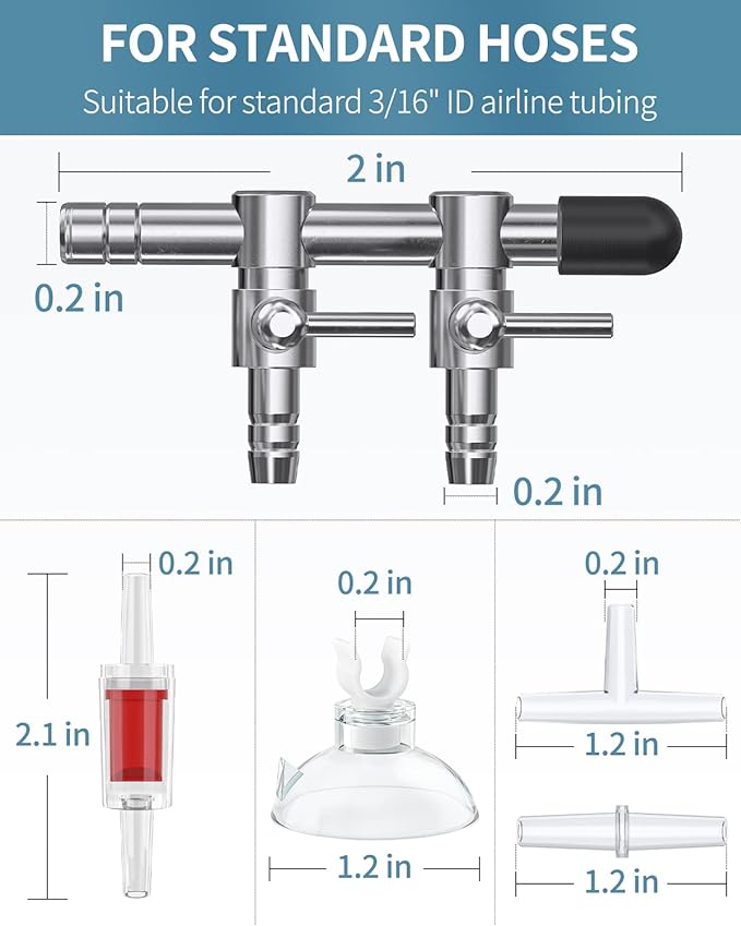 Pawfly 2-Way Aquarium Air Flow Control Lever Valve Manifold for Air Pumps Fish Tank Multi-Port Distributor Splitter with 1 Non-Return Check Valve T-Shape & Straight Connectors and 4 Suction Cup Clips