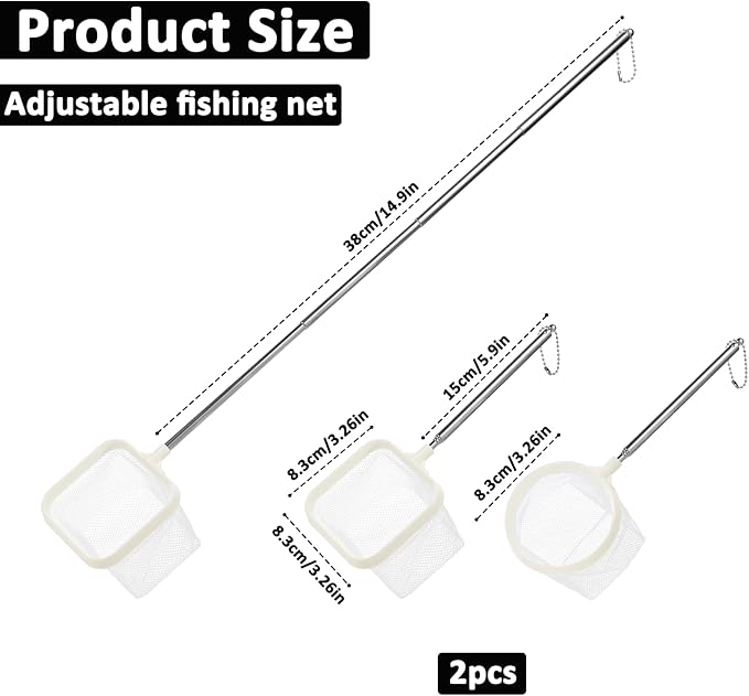 Aquarium Fish Nets, Fish Net for Tank, 2Pack White 3Inch Fine Mesh Aquarium Net Shrimp Nets with Extendable Stainless Steel Handle Small Tank Tool for Shrimp Bettas Square Round Debris