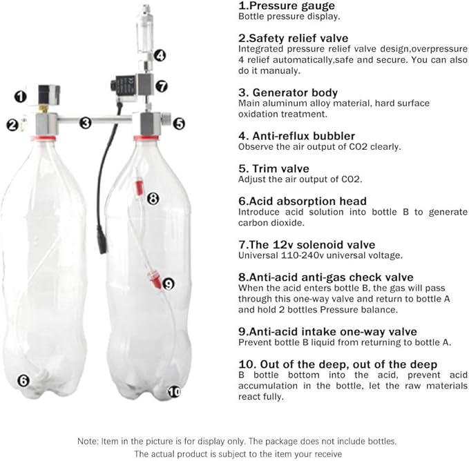 YUHOME Aquarium DIY CO2 Generator System Kit CO2 Generator System with Solenoid Valve Bubble Diffuser Carbon Dioxide Reactor Kit for Plants Aquarium, Silver