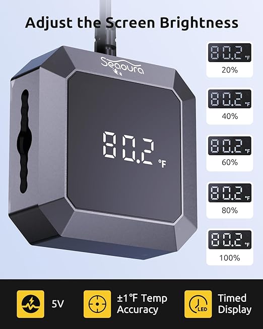 Aquarium Thermometer Submersible, Digital Fish Tank Thermometers with USB for GlassTank, Aquariums Temperature Gauge ±1℉ Accurate, Suitable for Fish, Turtle, Saltwater or Freshwater, 6.56ft Power Cord